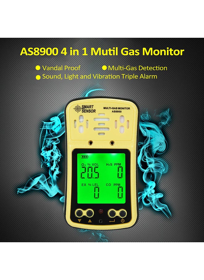 AS8900 4 in 1 Combustible Gas Detector Analyzer Handheld Multi-Gas Monitor Gas Detector O₂ CO H₂S Analyzer Explosion-Proof