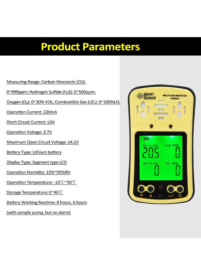 SMART SENSOR AS8900 4 in 1 Combustible Gas Detector Analyzer Handheld Multi-Gas Monitor Gas Detector O₂ CO H₂S Analyzer Explosion-Proof  - Image 3