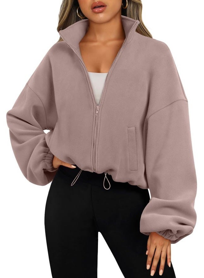AUTOMET Womens Fleece Jackets Zip Up Oversized Sweatshirts Winter Clothes Long Sleeve Crop Sherpa Fall Outfits Fashion, Coffeegrey, XS - Image 1