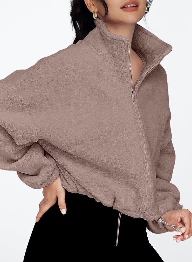 AUTOMET Womens Fleece Jackets Zip Up Oversized Sweatshirts Winter Clothes Long Sleeve Crop Sherpa Fall Outfits Fashion, Coffeegrey, XS - Image 3