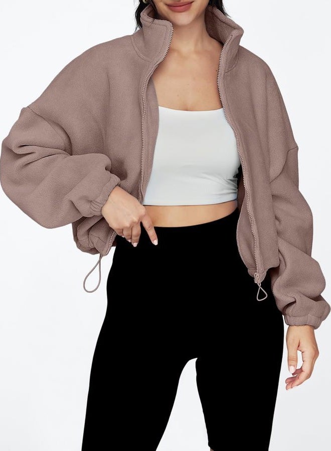 AUTOMET Womens Fleece Jackets Zip Up Oversized Sweatshirts Winter Clothes Long Sleeve Crop Sherpa Fall Outfits Fashion, Coffeegrey, XS - Image 4