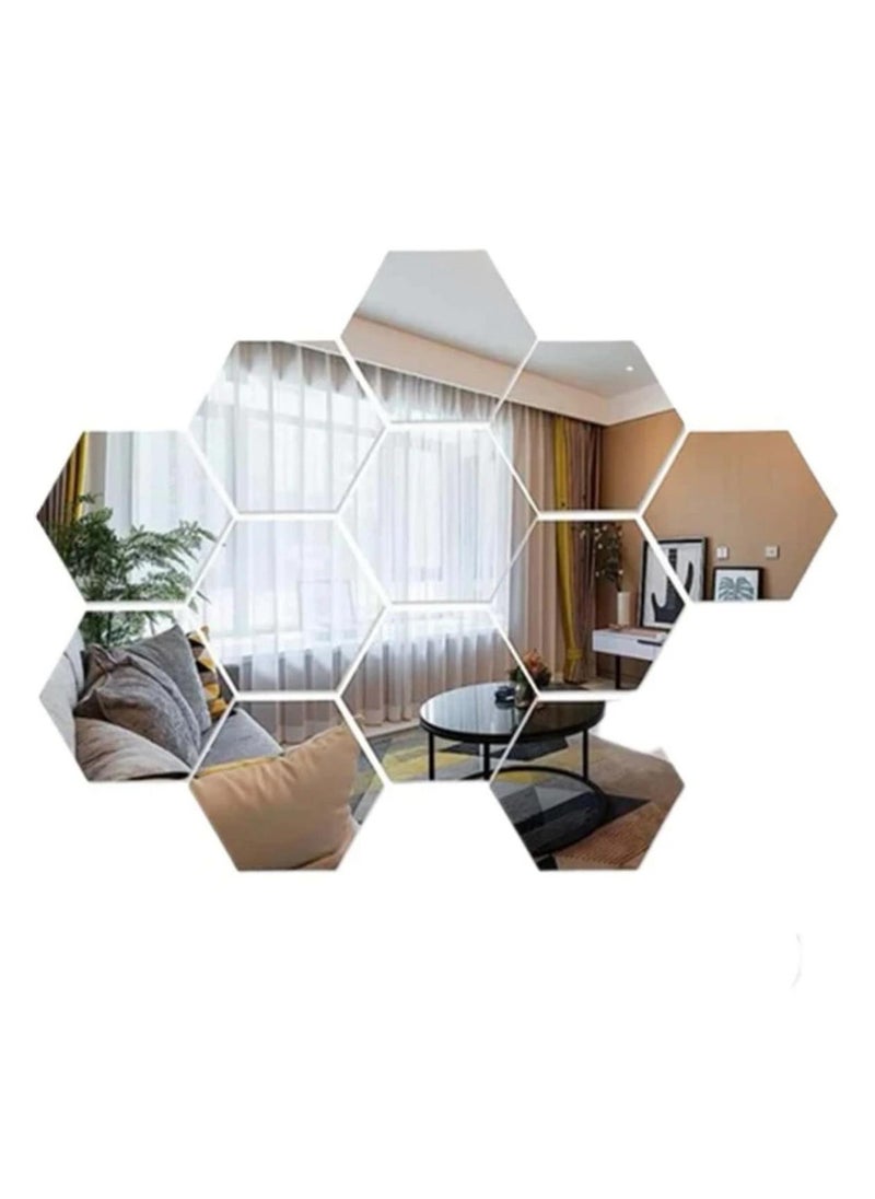 Generic - Easy to stick and removable hexagon wall sticker mirror, set of 12 pieces, silver - Image 1