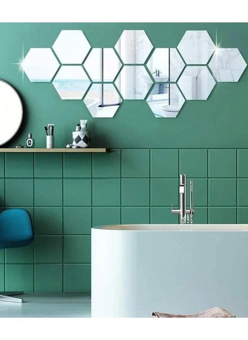 Generic - Easy to stick and removable hexagon wall sticker mirror, set of 12 pieces, silver - Image 1