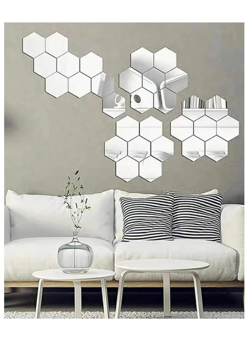 Generic - Easy to stick and removable hexagon wall sticker mirror, set of 12 pieces, silver - Image 1