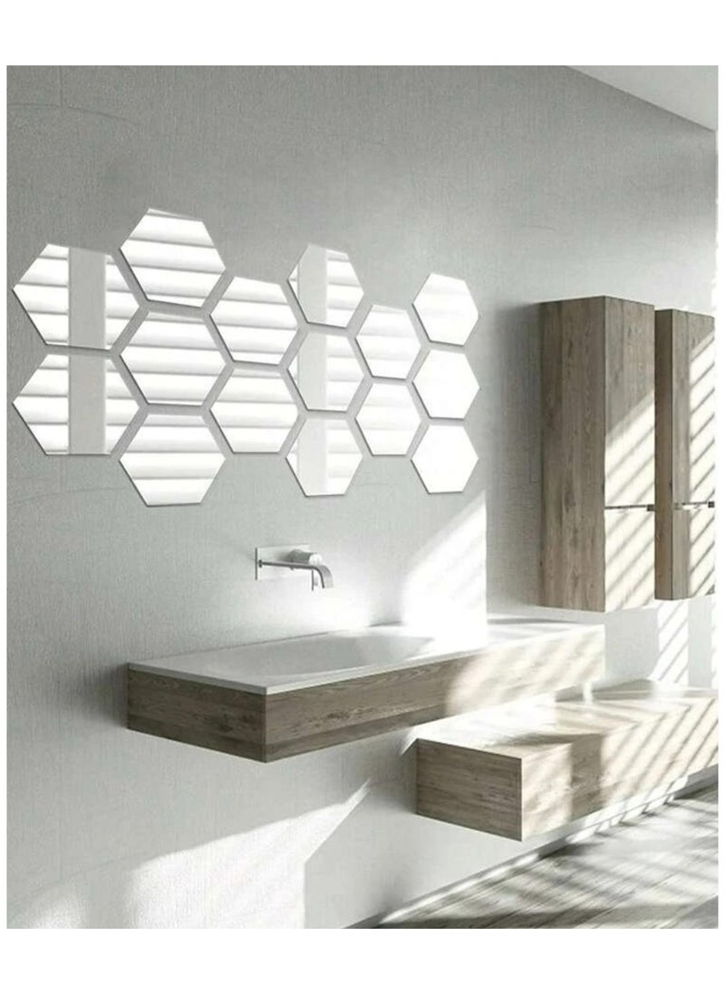 Generic - Easy to stick and removable hexagon wall sticker mirror, set of 12 pieces, silver - Image 1