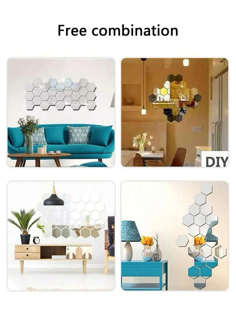 Generic - Easy to stick and removable hexagon wall sticker mirror, set of 12 pieces, silver - Image 1