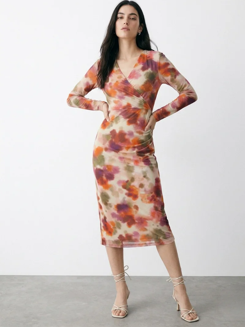 OUTZIDR  Multi Plunging V-Neck Mesh Dress for Women | Best Price UAE