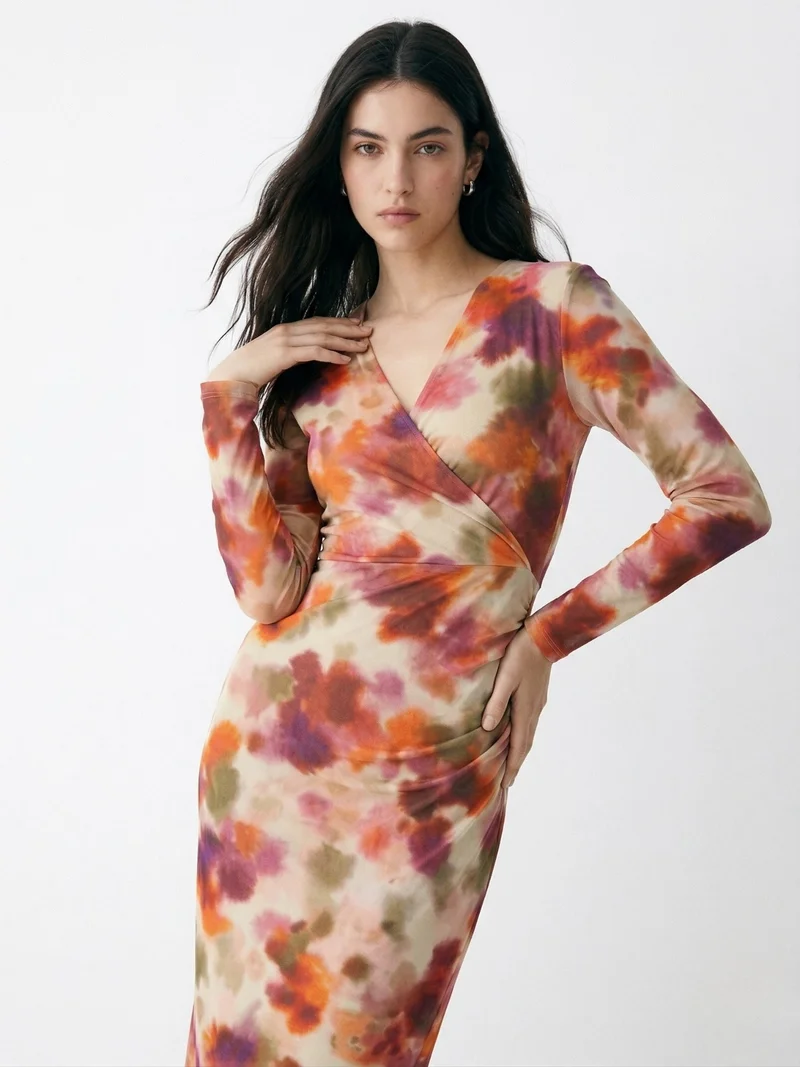 OUTZIDR  Multi Plunging V-Neck Mesh Dress for Women | Best Price UAE