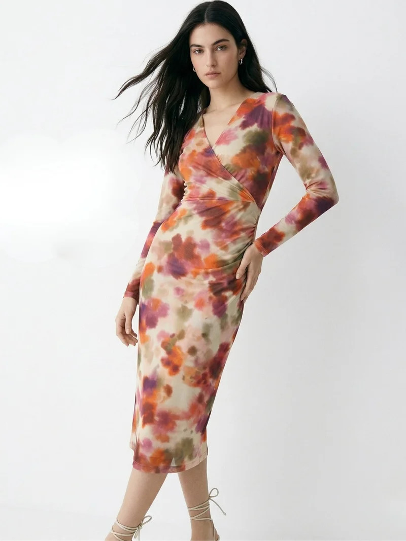 OUTZIDR  Multi Plunging V-Neck Mesh Dress for Women | Best Price UAE