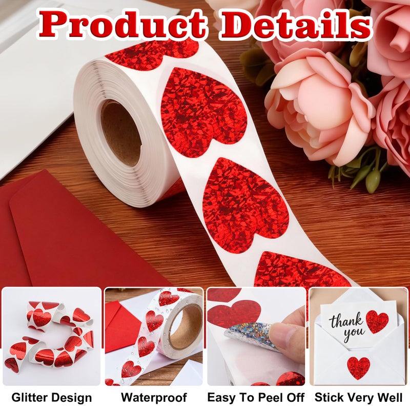 Nelisylux 1.5 inch Heart Stickers, Valentines Stickers for Kids, 500Pcs Self Adhesive Red Glitter Sticker for Reward Classroom Teacher Envelope Seal Mother Day Birthday Wedding Gift Decorative Label Sticker - Image 4