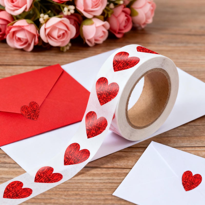 Nelisylux 1.5 inch Heart Stickers, Valentines Stickers for Kids, 500Pcs Self Adhesive Red Glitter Sticker for Reward Classroom Teacher Envelope Seal Mother Day Birthday Wedding Gift Decorative Label Sticker - Image 2