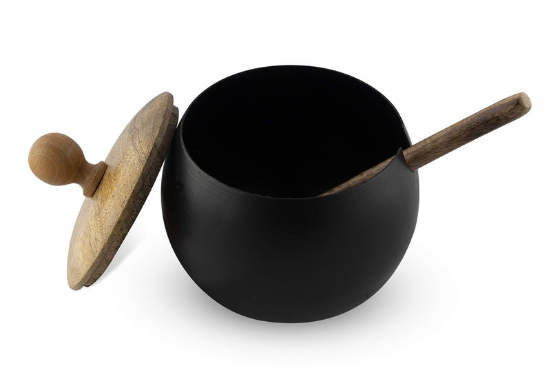 GoCraft Sugar Bowl with Wooden Lid and Spoon for Home and Kitchen, Drum Shape (Matte Black Finish) - Image 2