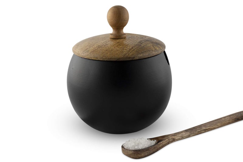 GoCraft Sugar Bowl with Wooden Lid and Spoon for Home and Kitchen, Drum Shape (Matte Black Finish) - Image 3