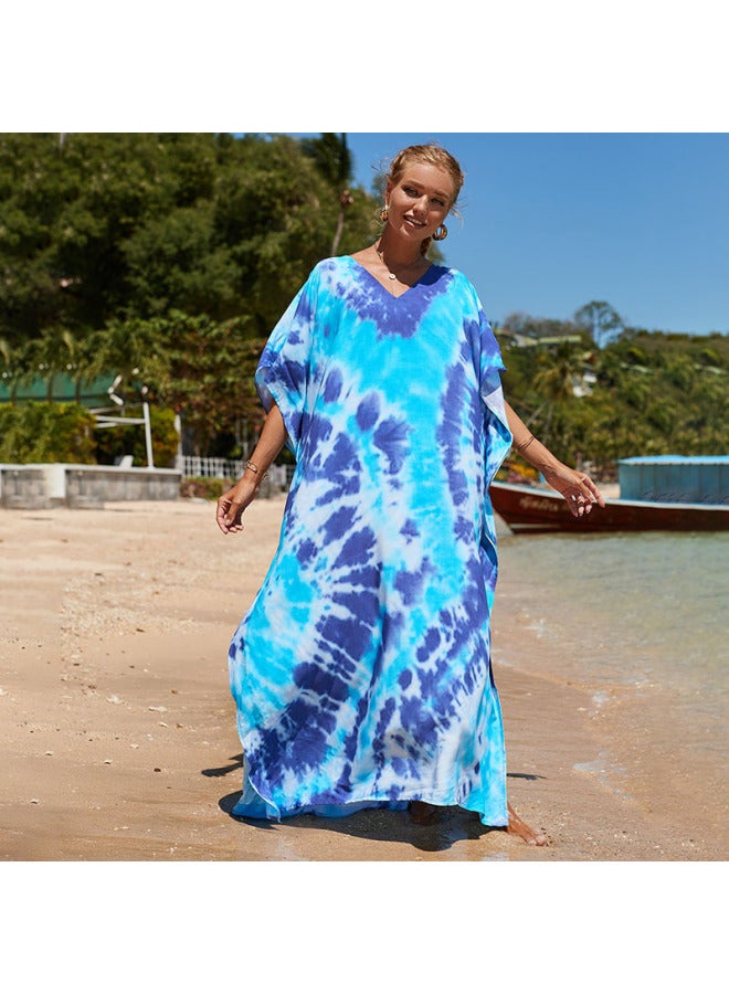 Loquat European And American Rayon Tie-dyed Beach Blouse Robe Loose Seaside Vacation Sun Protection Clothing Bikini Swimsuit Outer Wear-Color:28-light Blue Dark Blue- - Image 1