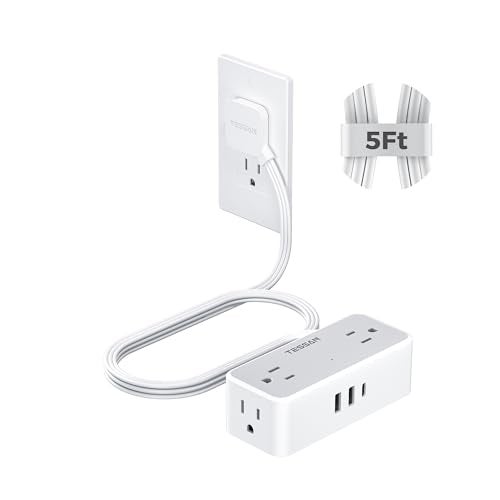 TESSAN Flat Plug Extension Cord 5 FT, Surge Protector Power Strip with 4 AC Outlets 1 USB C and 2 USB A Ports, 900 Joules Protection, Multiple Wall Outlet Extender Suitable for Home Office Dorm - Image 1