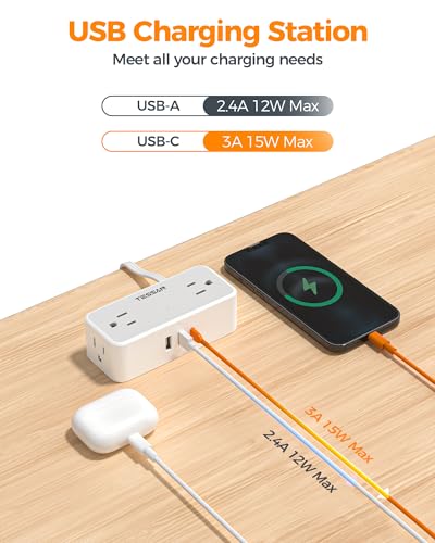 TESSAN Flat Plug Extension Cord 5 FT, Surge Protector Power Strip with 4 AC Outlets 1 USB C and 2 USB A Ports, 900 Joules Protection, Multiple Wall Outlet Extender Suitable for Home Office Dorm - Image 5
