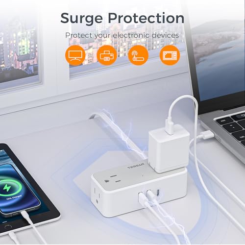 TESSAN Flat Plug Extension Cord 5 FT, Surge Protector Power Strip with 4 AC Outlets 1 USB C and 2 USB A Ports, 900 Joules Protection, Multiple Wall Outlet Extender Suitable for Home Office Dorm - Image 4