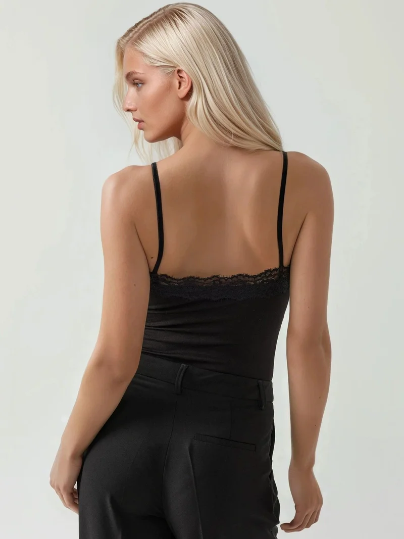 Hiccup Black Lace V-Neck Slim Fit Bodysuit for Women | Best Price UAE