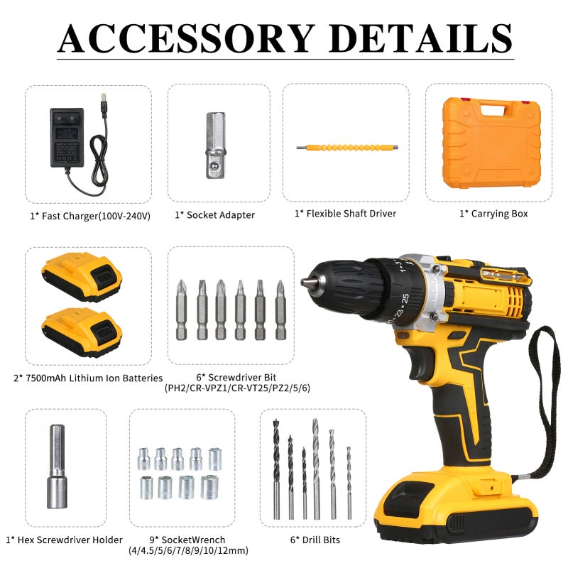 Cordless Drill Driver Kit: Yellow 21V 2X 7500mAh Lithium-Ion Batteries, 25 Position Clutch, 2-Speed Settings - Fast Charger, Ergonomic Anti-Slip Handle, LED Light, All-In-One Accessories for Home DIY - Image 2