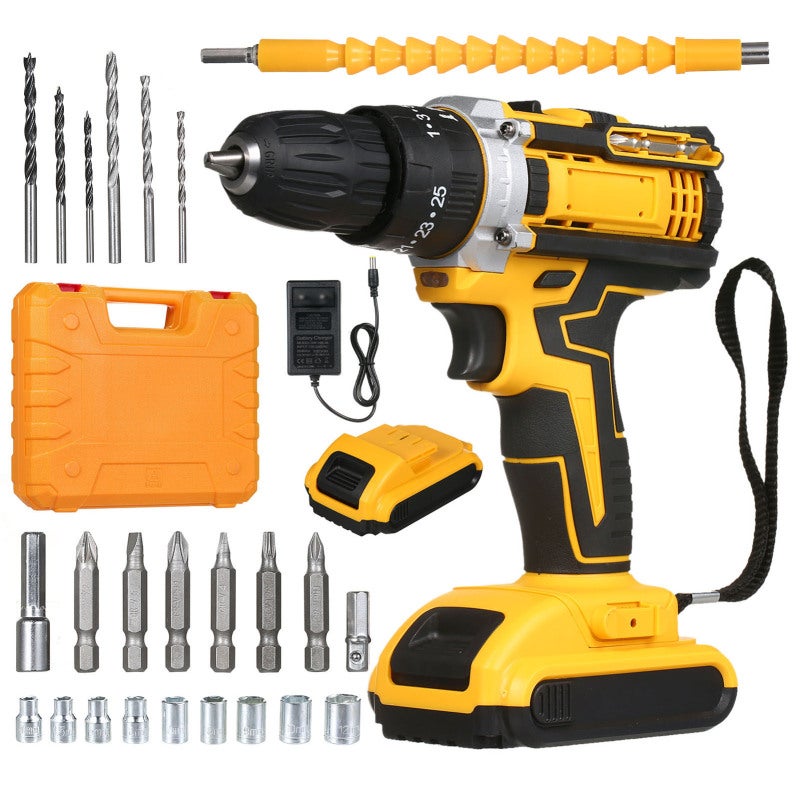 Cordless Drill Driver Kit: Yellow 21V 2X 7500mAh Lithium-Ion Batteries, 25 Position Clutch, 2-Speed Settings - Fast Charger, Ergonomic Anti-Slip Handle, LED Light, All-In-One Accessories for Home DIY - Image 1