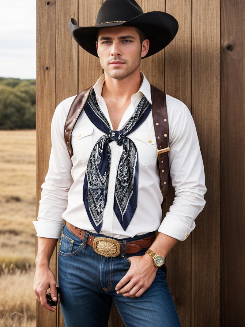 GERINLY Silk Feel Wild Rags for Men Paisley Print, Cowboy Big Neck Scarf Rancher Cravat, Square Head Bandana (Blue) - Image 4