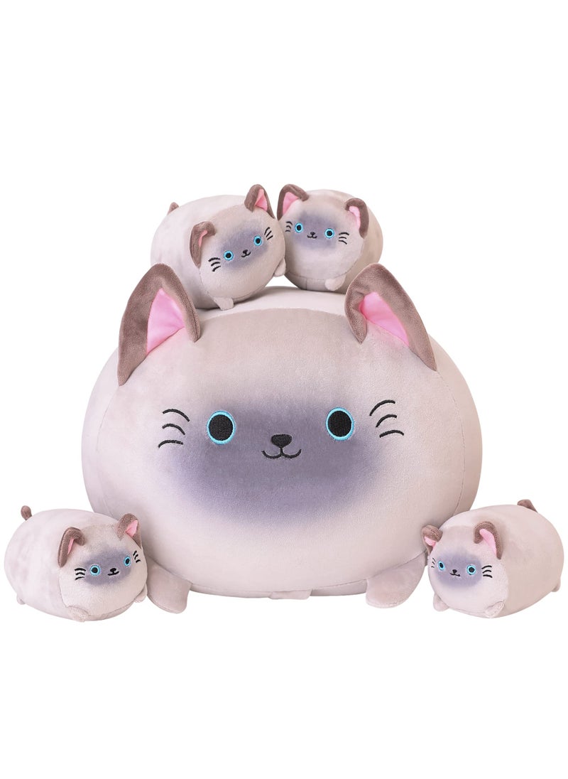 SQEQE SQEQE Siamese Cat Plush, Cute Siamese Cat Stuffed Animals Mommy with 4 Squishy Kitties in her Tummy, Soft Siamese Cat Plushies Pillow Gifts for Kids  - Image 1