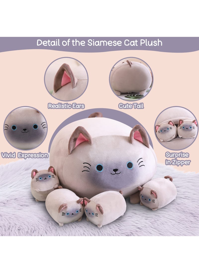 SQEQE SQEQE Siamese Cat Plush, Cute Siamese Cat Stuffed Animals Mommy with 4 Squishy Kitties in her Tummy, Soft Siamese Cat Plushies Pillow Gifts for Kids  - Image 3