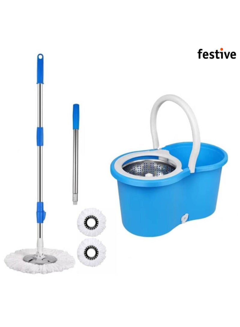 Spin Mop For Floor Cleaning Stainless Steel Mop and Bucket With Telescopic Handle Hands Free Wringing Floor Mop With 6L Large Capacity and Reusable Refills For Home Office . (Blue) 46 x 26 x 24 cm - Image 1