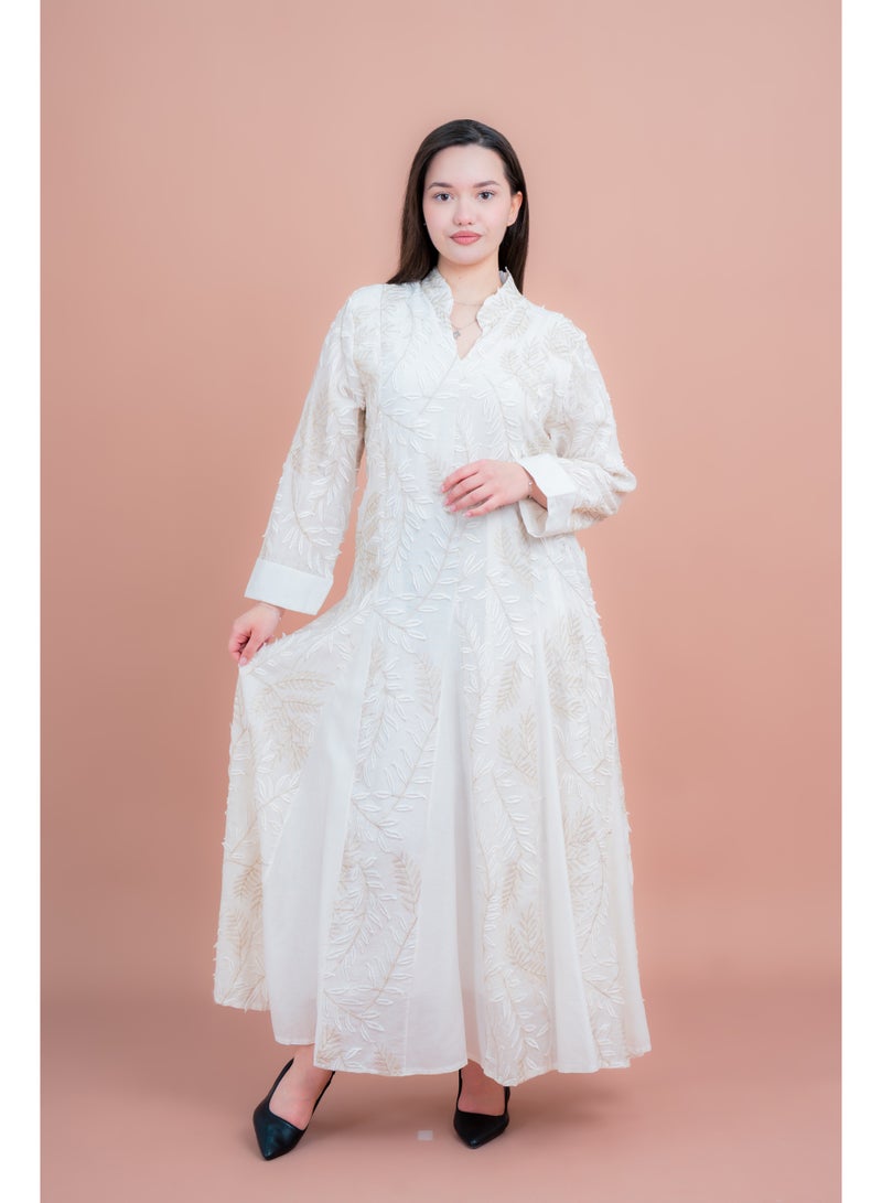 IKKXA Soft Petals Embroidered Jalabiya IK04 White - Image 1