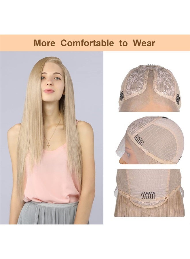 FUHSI 13*6 Lace Front Wig Kanekalon Synthetic Hair Real Natural For Women – Soft & Smooth, Tangle-Free Straight Lace Front Wig,Elastic Straps,Comfortable & Adjustable For Perfect Fit –103# Blonde 250D - Image 3
