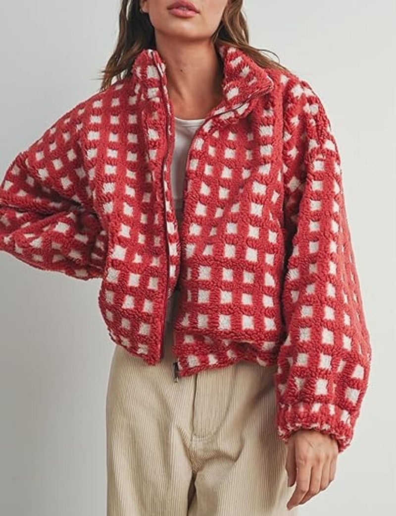 Yoawdats Womens Cute Sherpa Fleece Jacket Fuzzy Zip Up Checkered Cropped Going Out Jacket Teddy Fluffy Casual Outerwear (Red, M) - Image 2