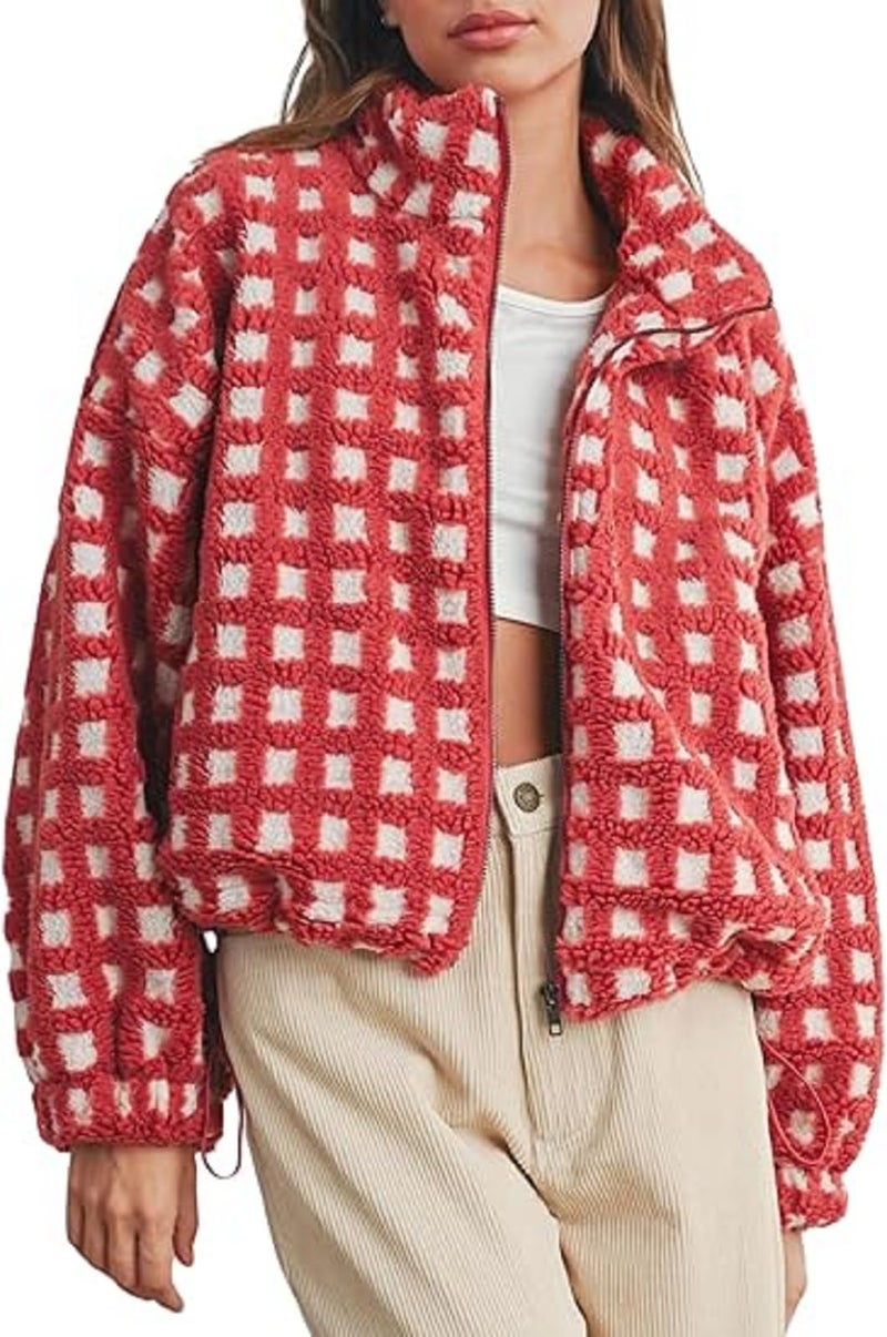 Yoawdats Womens Cute Sherpa Fleece Jacket Fuzzy Zip Up Checkered Cropped Going Out Jacket Teddy Fluffy Casual Outerwear (Red, M) - Image 1