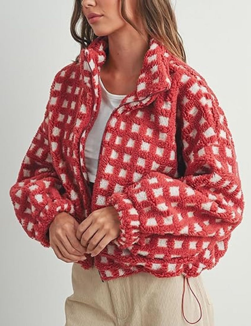 Yoawdats Womens Cute Sherpa Fleece Jacket Fuzzy Zip Up Checkered Cropped Going Out Jacket Teddy Fluffy Casual Outerwear (Red, M) - Image 5