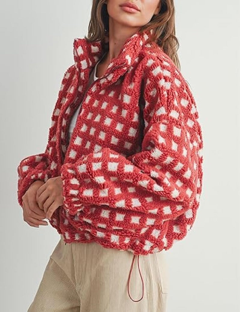 Yoawdats Womens Cute Sherpa Fleece Jacket Fuzzy Zip Up Checkered Cropped Going Out Jacket Teddy Fluffy Casual Outerwear (Red, M) - Image 4