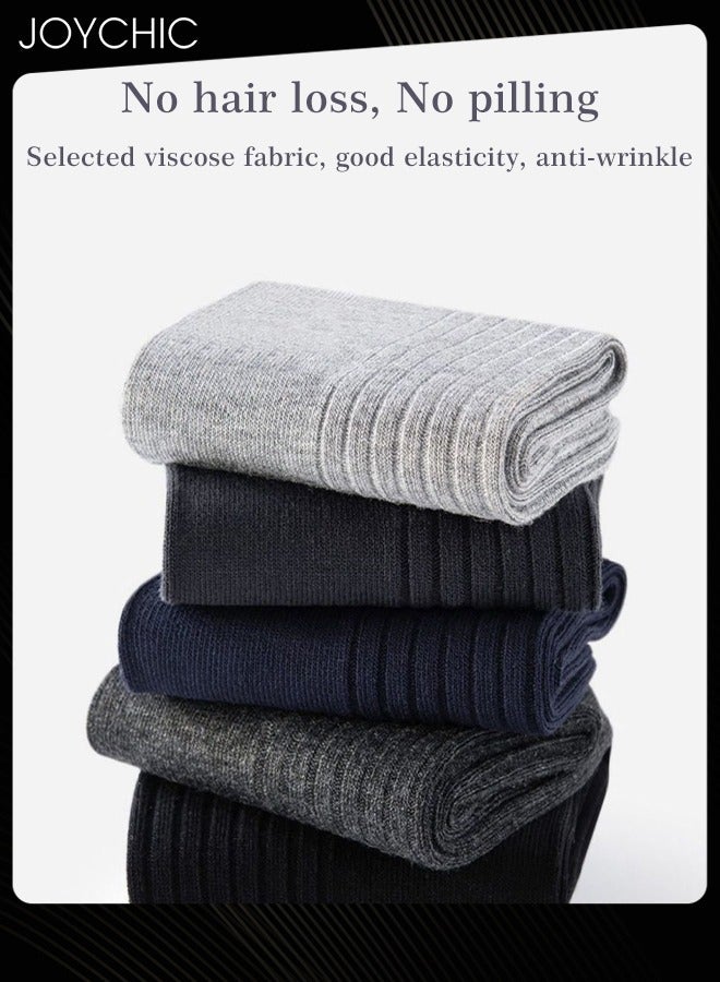 Joychic زوج من 5 جوارب رجالية مزدوجة الإبرة حتى منتصف الساق مصنوعة من القطن الخالص قابلة للتنفس وتمتص العرق لجميع المواسم الخريف والشتاء متعددة الألوان - Image 3