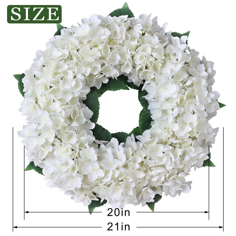 FOTEEWL Artificial Hydrangea Wreath for Front Door, 21" Spring Summer White Flower Wreath, Fuax Hydrangeas Leaves for Home Mantel Wall Farmhouse Decor - Image 5