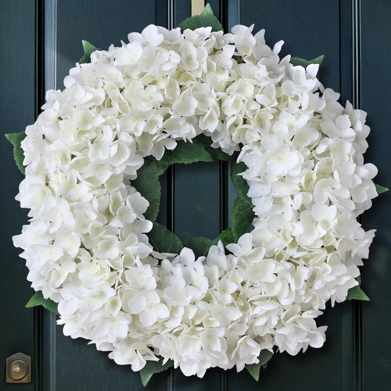 FOTEEWL Artificial Hydrangea Wreath for Front Door, 21" Spring Summer White Flower Wreath, Fuax Hydrangeas Leaves for Home Mantel Wall Farmhouse Decor - Image 1