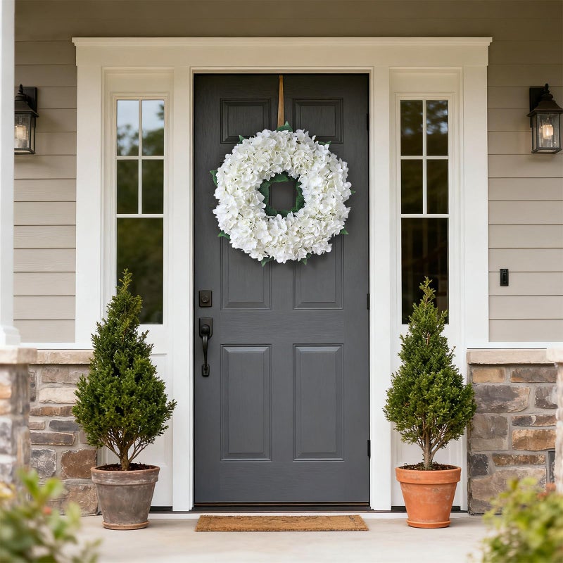 FOTEEWL Artificial Hydrangea Wreath for Front Door, 21" Spring Summer White Flower Wreath, Fuax Hydrangeas Leaves for Home Mantel Wall Farmhouse Decor - Image 2