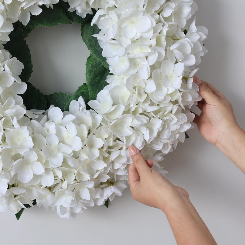 FOTEEWL Artificial Hydrangea Wreath for Front Door, 21" Spring Summer White Flower Wreath, Fuax Hydrangeas Leaves for Home Mantel Wall Farmhouse Decor - Image 4