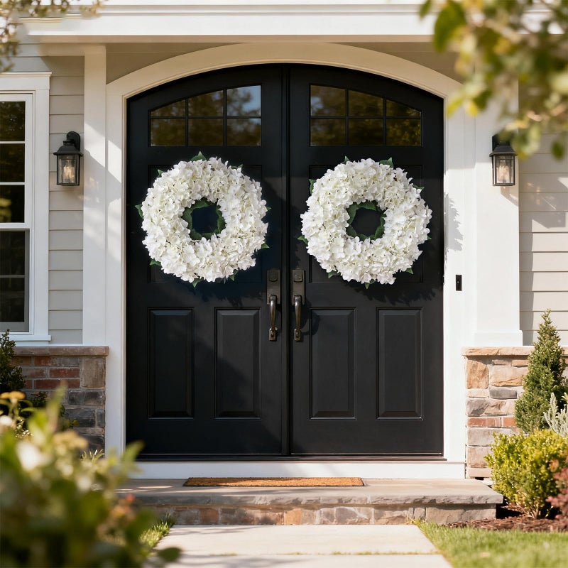 FOTEEWL Artificial Hydrangea Wreath for Front Door, 21" Spring Summer White Flower Wreath, Fuax Hydrangeas Leaves for Home Mantel Wall Farmhouse Decor - Image 3