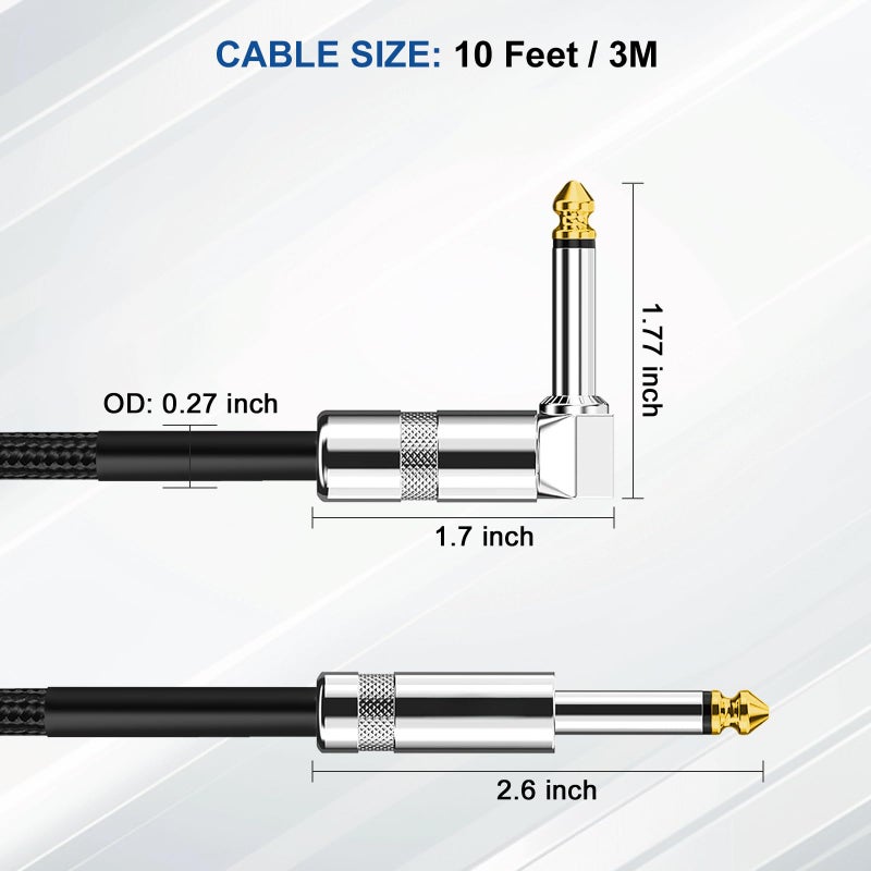 Aqdocvf Guitar Cable, Guitar Cord 10ft, AMP Cord for Bass & Electric Guitars/Keyboard/Mandolin, Pro Audio Instrument Cable (Right Angle to Straight, Black) - Image 2