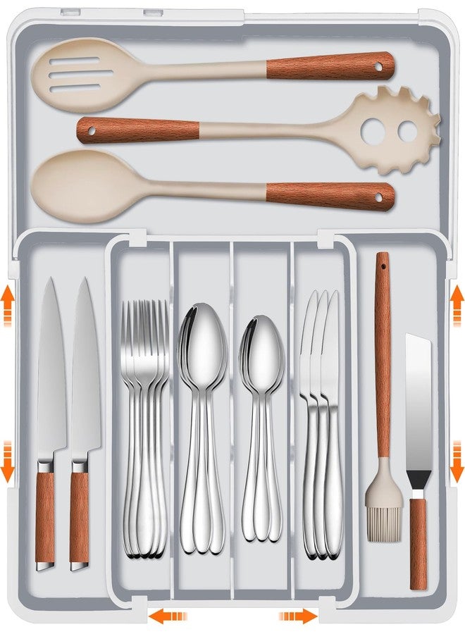 منظم أدراج أدوات المائدة الفضية القابل للتوسيع من Spaclear، خالٍ من مادة BPA، منظم أدوات مائدة صغير لأدراج المطبخ، فاصل تخزين قابل للتعديل للملاعق والشوك والسكاكين، رمادي - Image 1