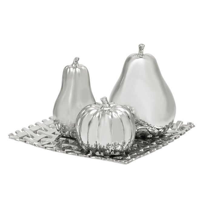 CERAMIC FRUIT DECORATIVE SCULPTURE PEAR PUMPKIN AND SQUASH HOME DECOR STATUES WITH DECORATIVE GRID PLATE SET OF 4 ACCENT FIGURINES 12W 1H SILVER