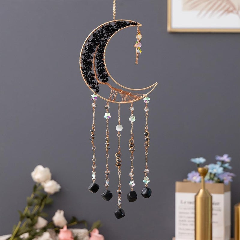 Dreamsum Agate Moon Dream Catchers with Crystal 7 Chakra Gemstone Dream Catchers Color Natural Gem Agate Wall Hangings Room Garden Dreamcatchers Decor (Black) - Image 2