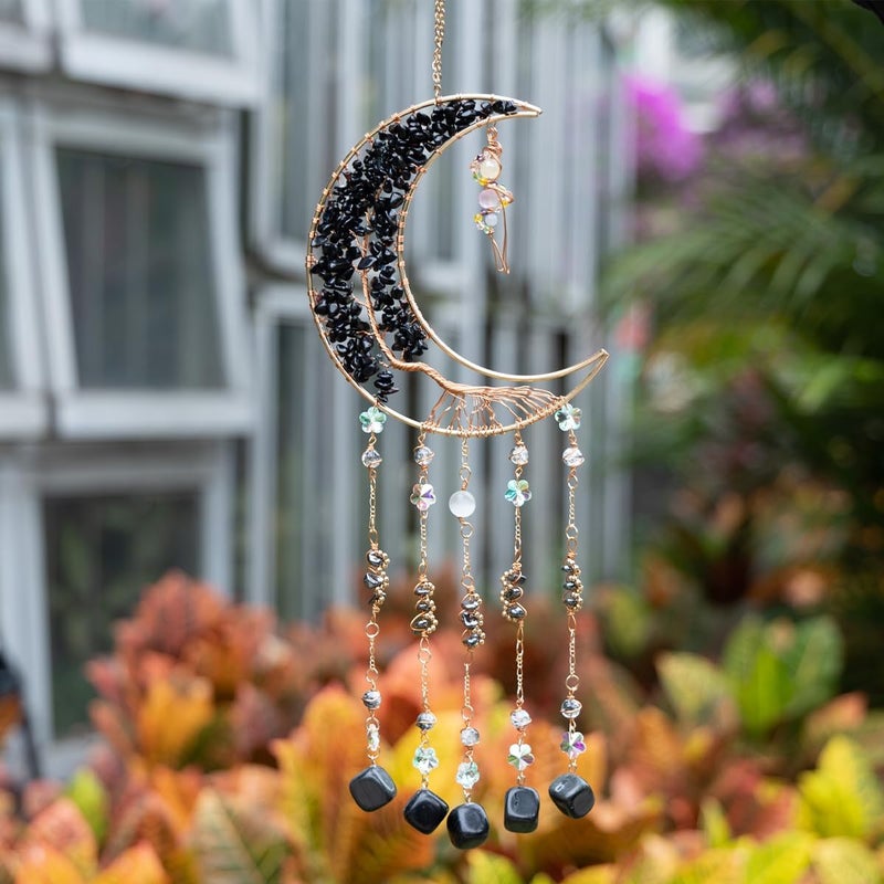 Dreamsum Agate Moon Dream Catchers with Crystal 7 Chakra Gemstone Dream Catchers Color Natural Gem Agate Wall Hangings Room Garden Dreamcatchers Decor (Black) - Image 4