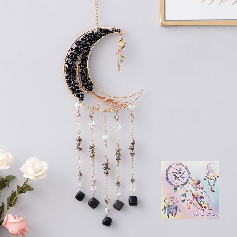 Dreamsum Agate Moon Dream Catchers with Crystal 7 Chakra Gemstone Dream Catchers Color Natural Gem Agate Wall Hangings Room Garden Dreamcatchers Decor (Black) - Image 1