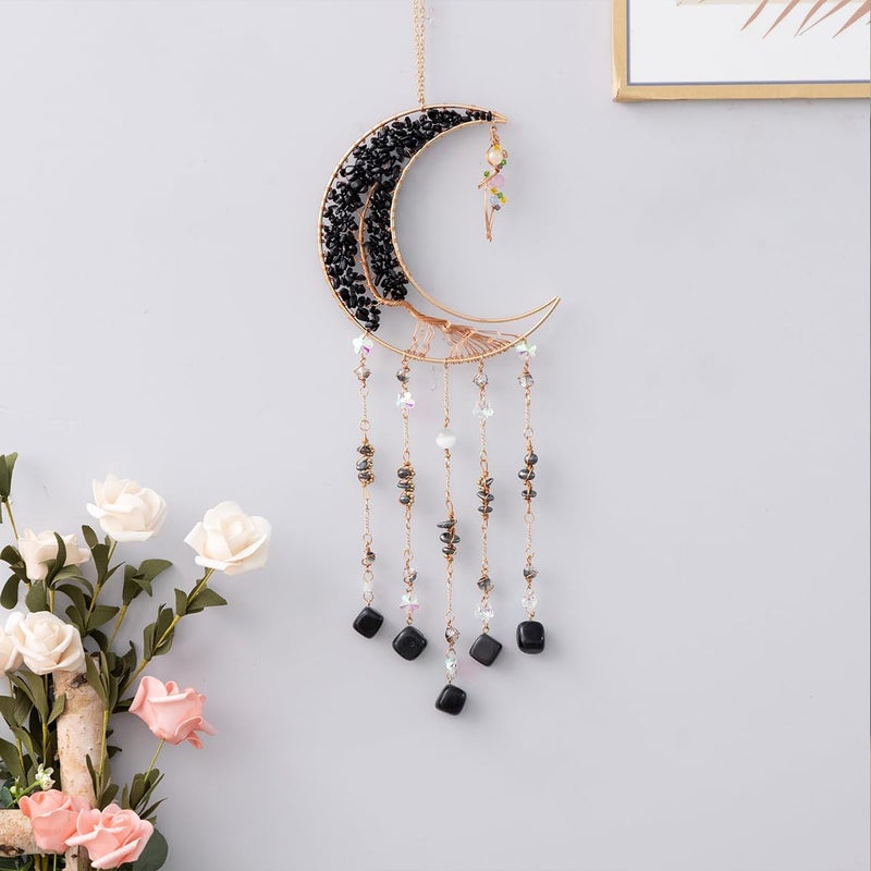 Dreamsum Agate Moon Dream Catchers with Crystal 7 Chakra Gemstone Dream Catchers Color Natural Gem Agate Wall Hangings Room Garden Dreamcatchers Decor (Black) - Image 3