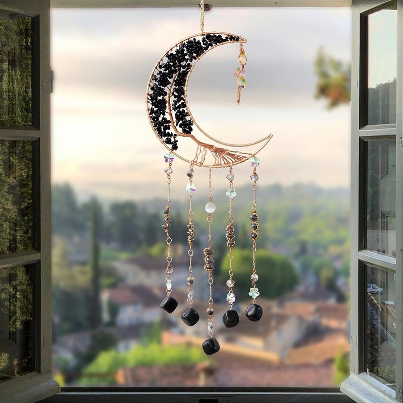 Dreamsum Agate Moon Dream Catchers with Crystal 7 Chakra Gemstone Dream Catchers Color Natural Gem Agate Wall Hangings Room Garden Dreamcatchers Decor (Black) - Image 5