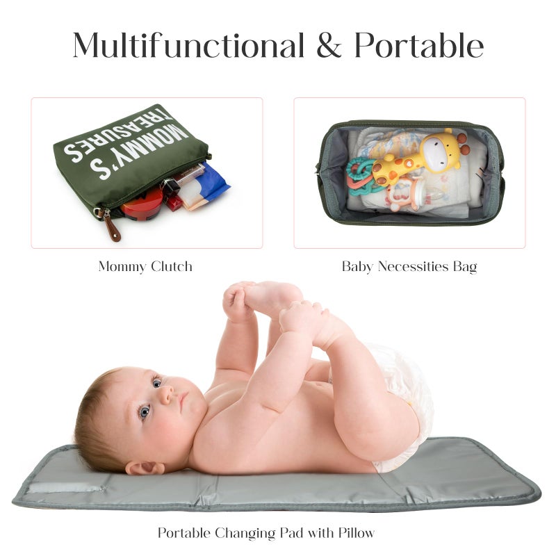 printe 6pcs Large Diaper Bag Tote with Changing Pad & 2 Organized Pouches, Mom's Bag for Hospital with Pacifier Case, Straps, Stroller Hook, Baby Diaper Bag for Weekender Travel, Olive Green - Image 5