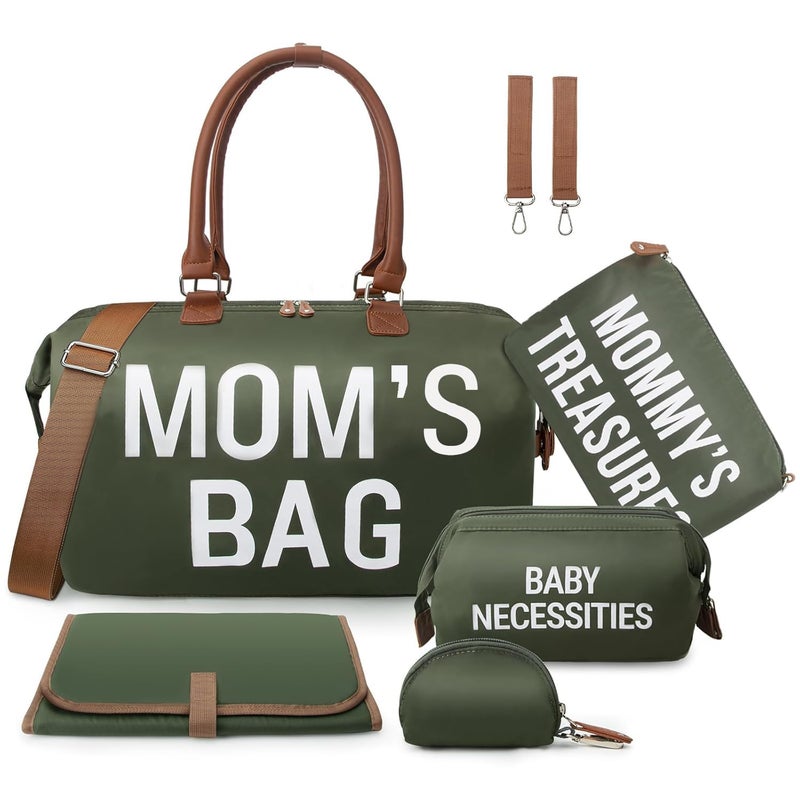 printe 6pcs Large Diaper Bag Tote with Changing Pad & 2 Organized Pouches, Mom's Bag for Hospital with Pacifier Case, Straps, Stroller Hook, Baby Diaper Bag for Weekender Travel, Olive Green - Image 1